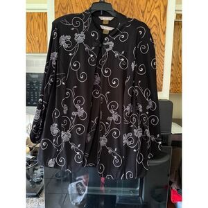 TANJAY Black Floral Swirl Open Front Jacket Cardigan Top Womens M/L